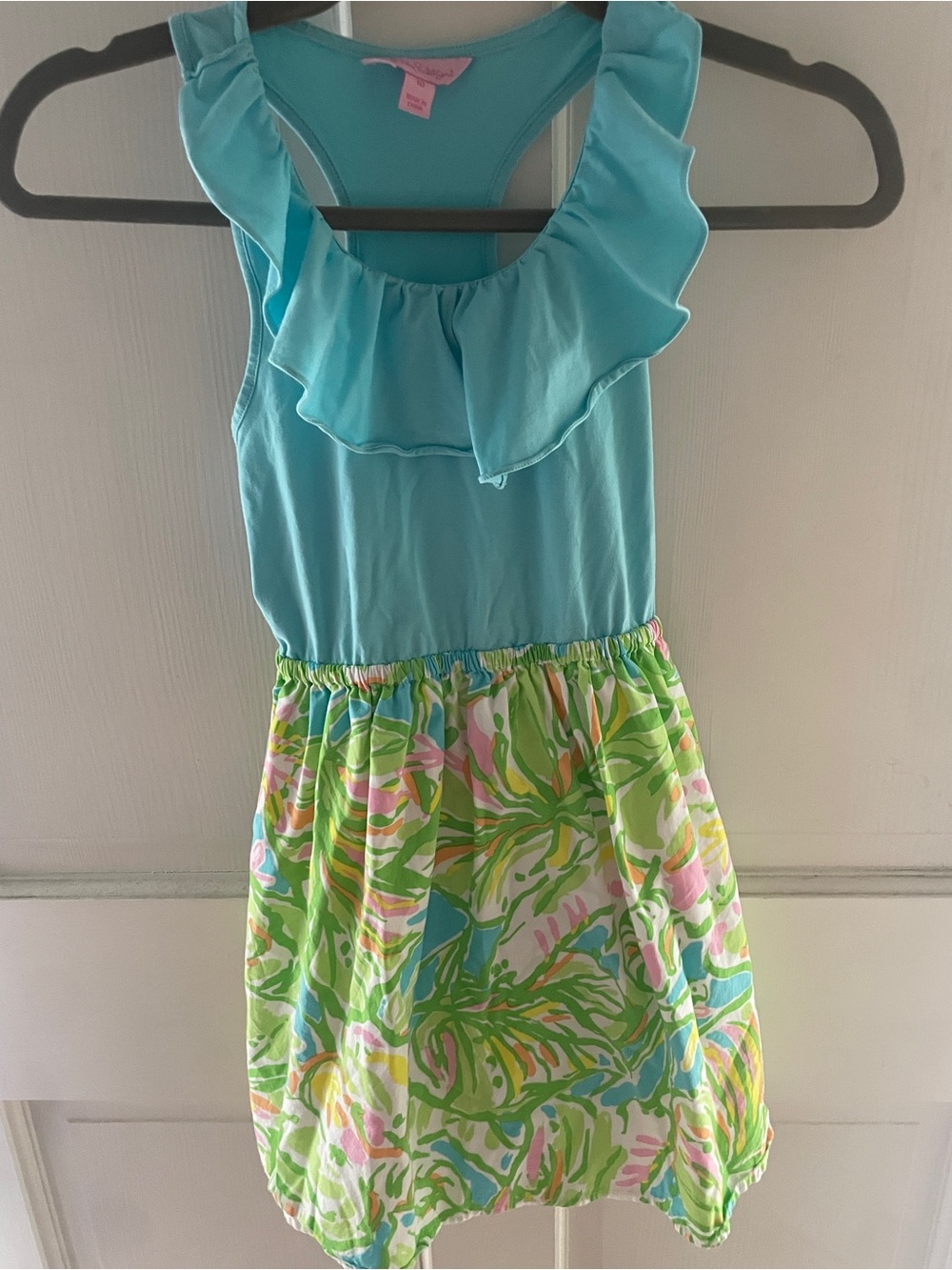 Girls' Lilly Pulitzer Aqua Ruffle Tank Dress with Tropical Print